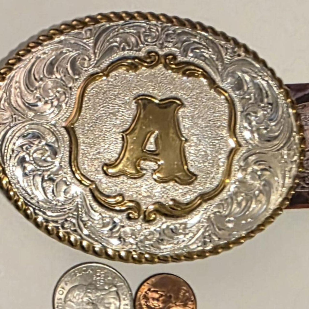 Vintage Metal Belt Buckle, Silver and Brass, Crumrine, Letter A, Initial A, Nice Western Style Design