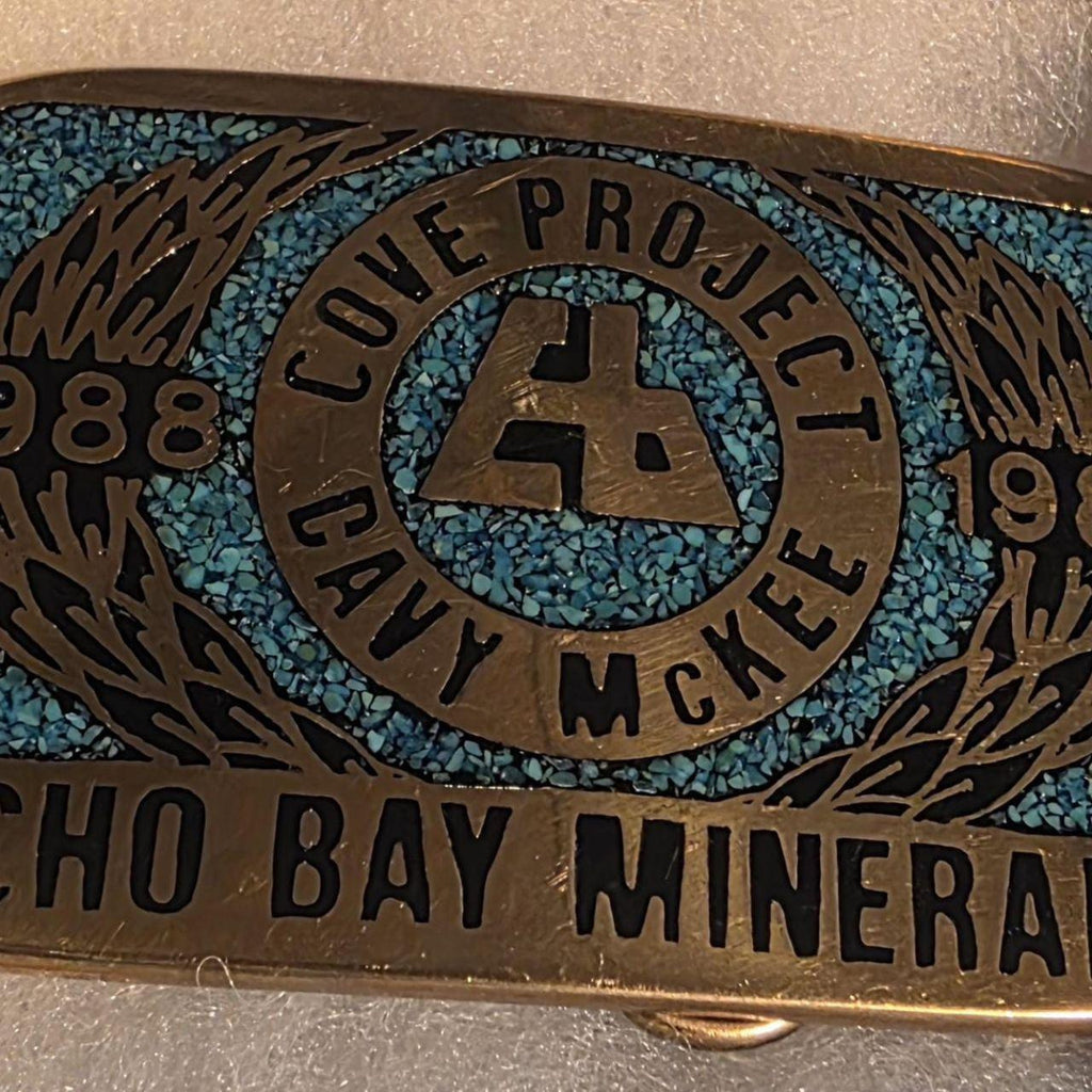 Vintage 1989 Metal Belt Buckle, Solid Brass, Blue Crushed Turquoise Stones, Cove Project, Davy McKee, Echo Bay Minerals