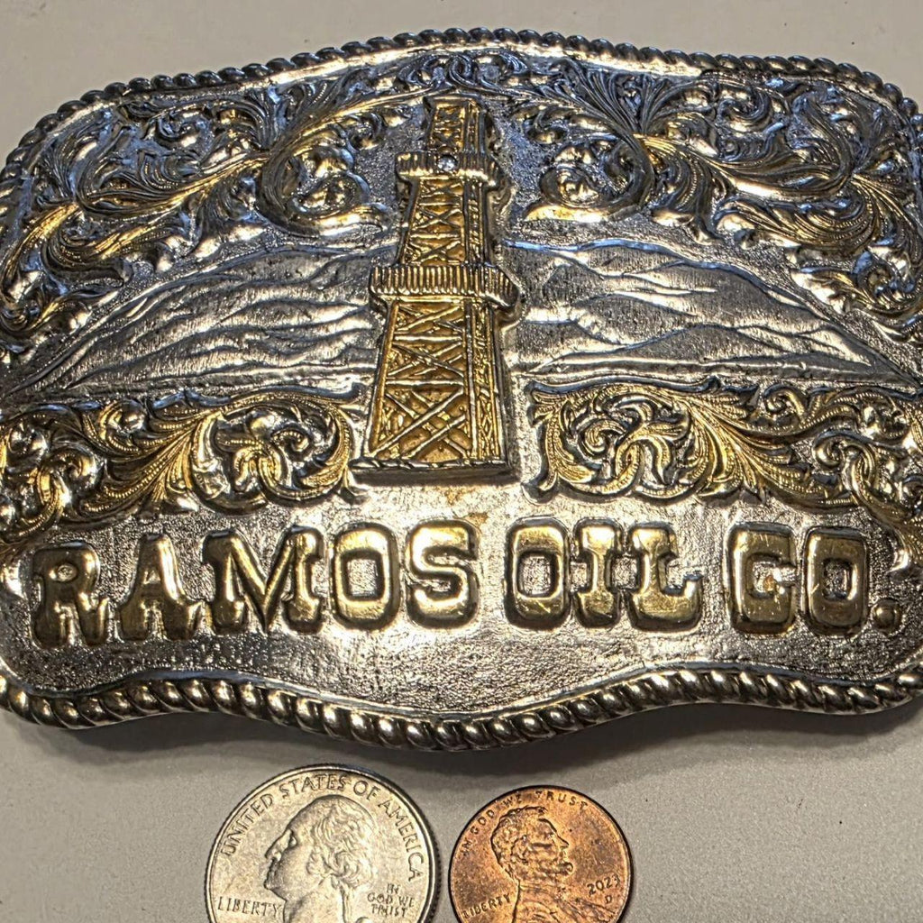 Vintage Metal Belt Buckle, Silver and Brass, Ramos Oil Co., Petroleum, Derrick, Well, Energy, Bulk Fuel, Crumrine, Nice Western Design