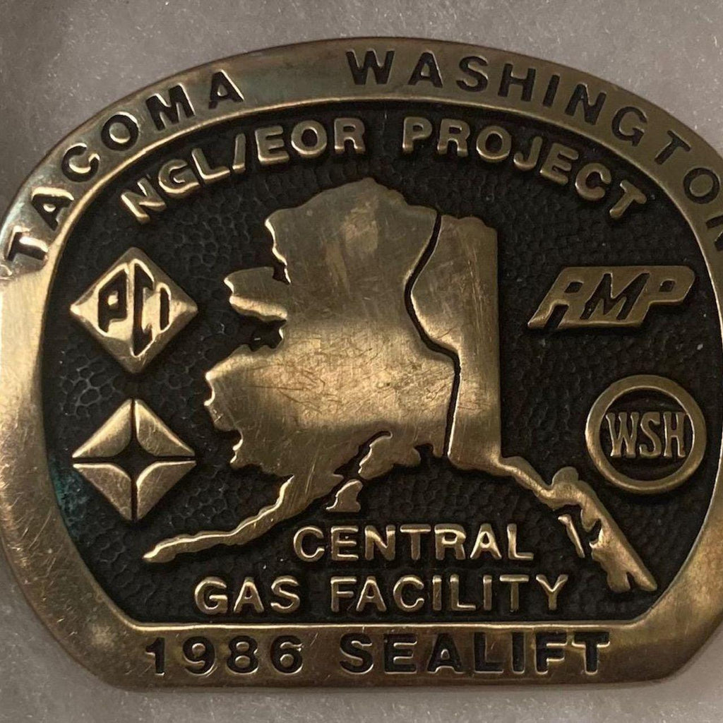 Vintage 1986 Metal Belt Buckle, Brass, 86 Sealift, Tacoma, Washington, Central Gas Facility, Oil, Energy, Gas, 3" x 2 1/2", Cowboy Style