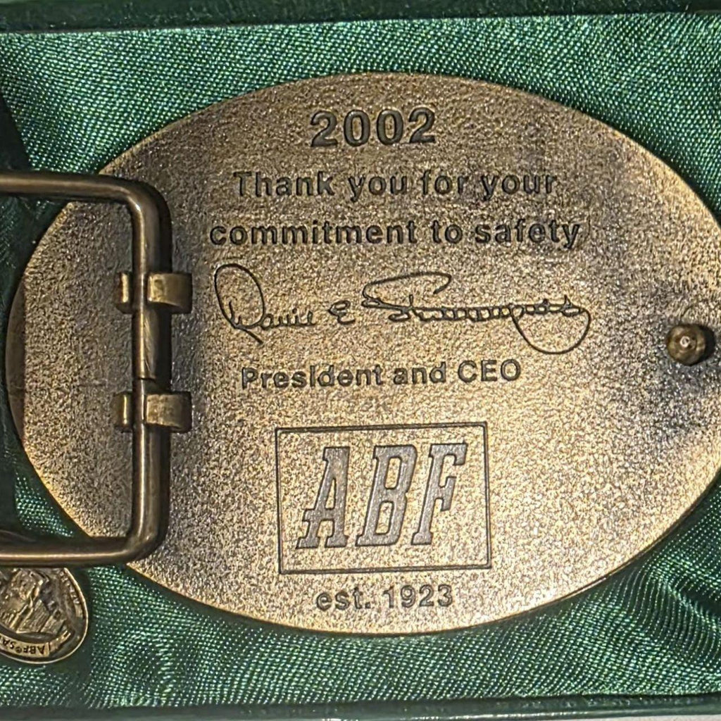 Vintage 2002 Metal Belt Buckle, Brass, ABF Freight Systems Inc, Trucking, Big Rig, Trucker, Safety Award, Includes Tie Clip