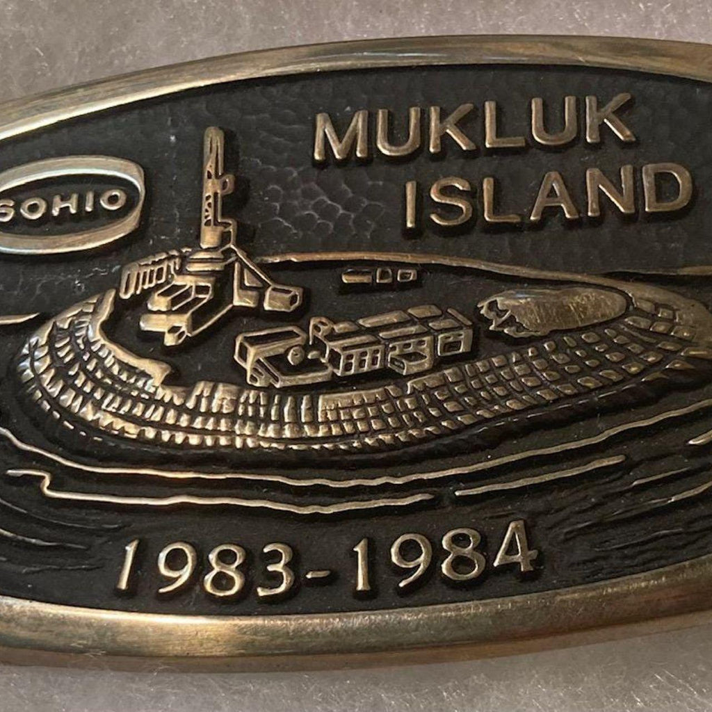Vintage 1983 Metal Belt Buckle, Brass, Sohio, Mukluk Island, Oil Well, Oil, Energy, Gas, 3 3/4" x 2 1/2", Cowboy Style, Heavy Duty, Quality