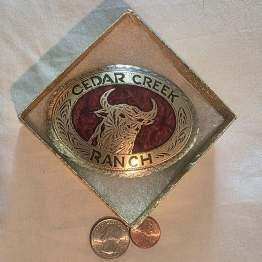 Vintage Metal Belt Buckle, Brass and Silver, Bull, Steer, Cedar Creek Ranch, Nice Western Design