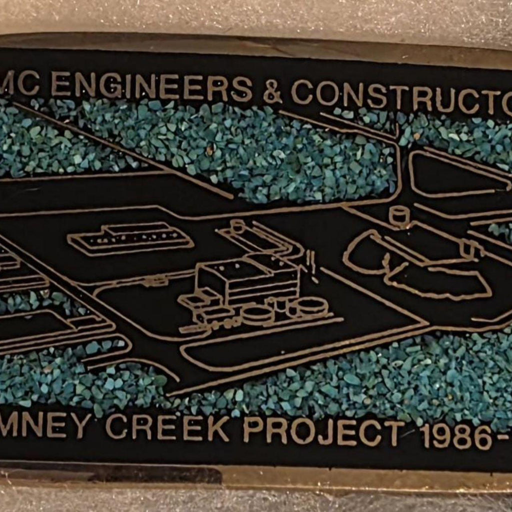 Vintage 1987 Metal Belt Buckle, Solid Brass, Blue Crushed Turquoise Stones, DMC Engineers & Constructors, Chimney Creek Project
