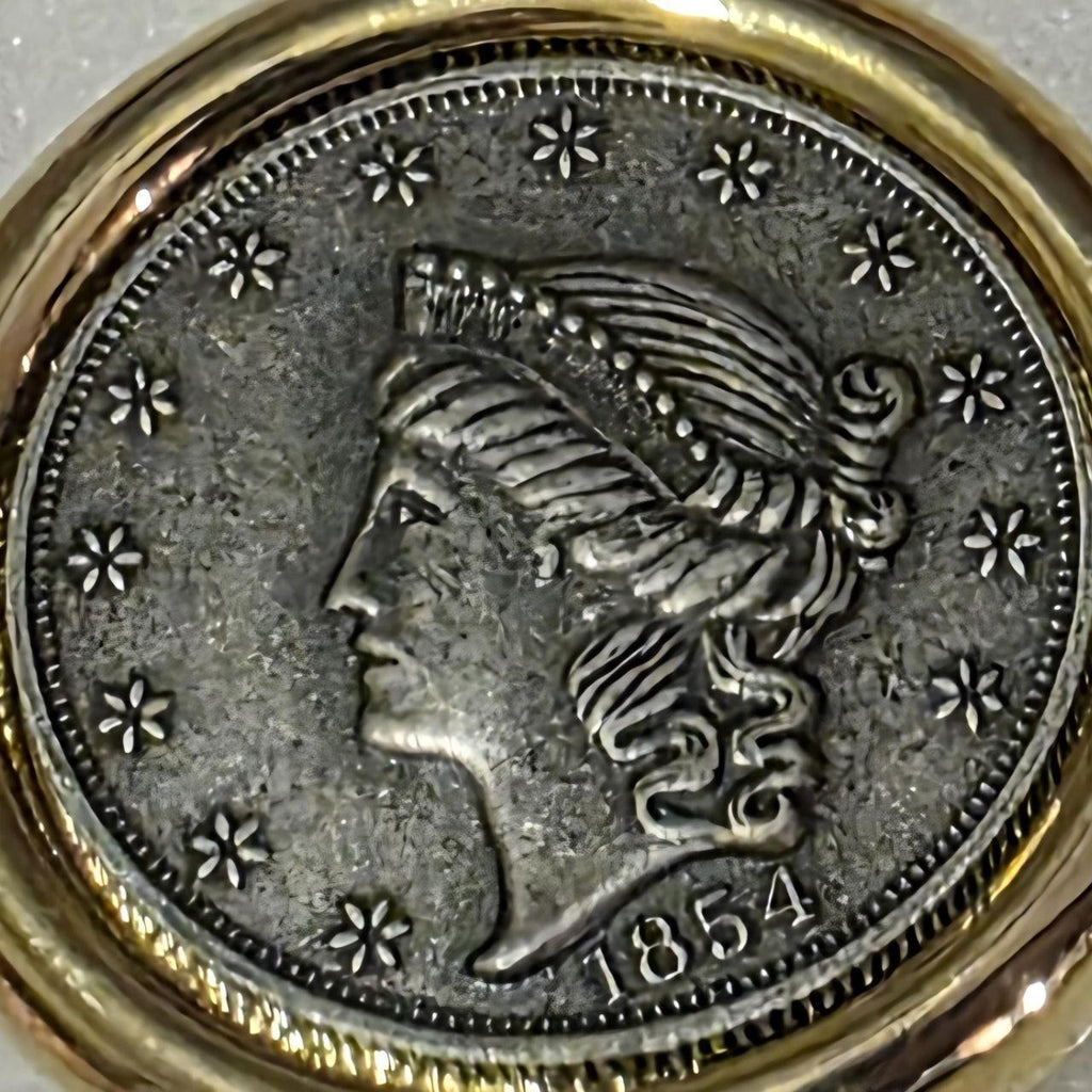 Vintage Metal Belt Buckle, Brass Paquette Belt Buckle with 1854 Coin, Nice Western Style Design, 1 3/4" x 1 3/4", Heavy Duty, Quality