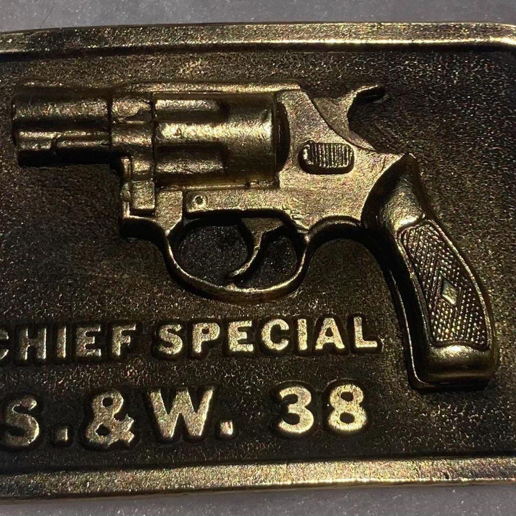 Vintage 1975 Metal Belt Buckle, Brass, Smith & Wesson, 38 Special, Chief Special, Super Heavy, Nice Western Design