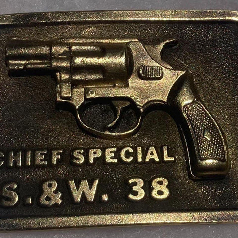 Vintage 1975 Metal Belt Buckle, Brass, Smith & Wesson, 38 Special, Chief Special, Super Heavy, Nice Western Design