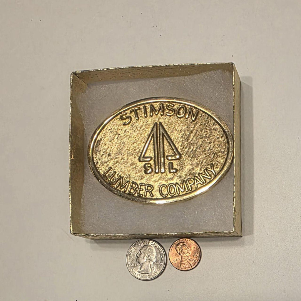 Vintage Metal Belt Buckle, Brass, Stimson Lumber Company, Wood, Timber, Trees, Nice Western Design