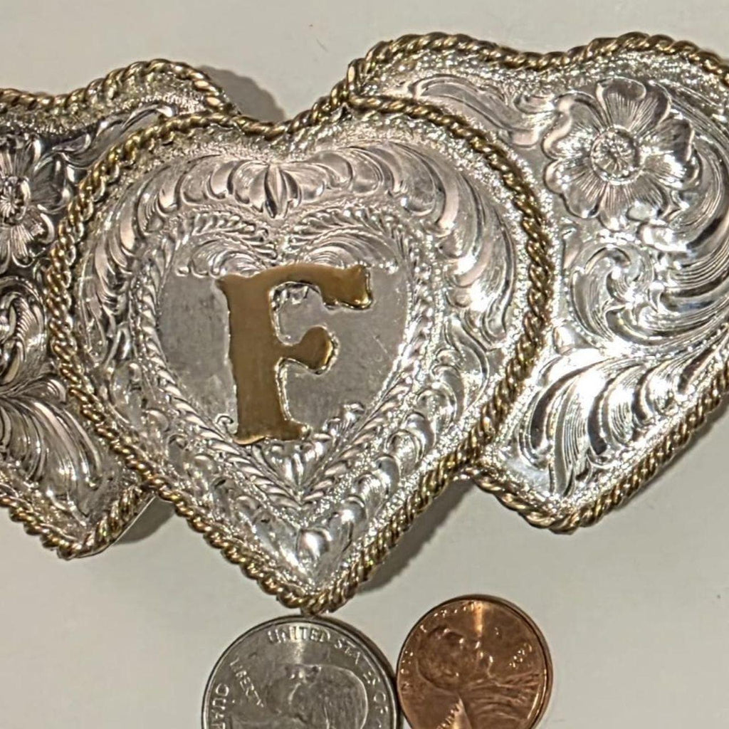 Vintage Metal Belt Buckle, Brass and Silver, Three Hearts, Letter F, Initial F, Rodeo, Nice Western Style Design