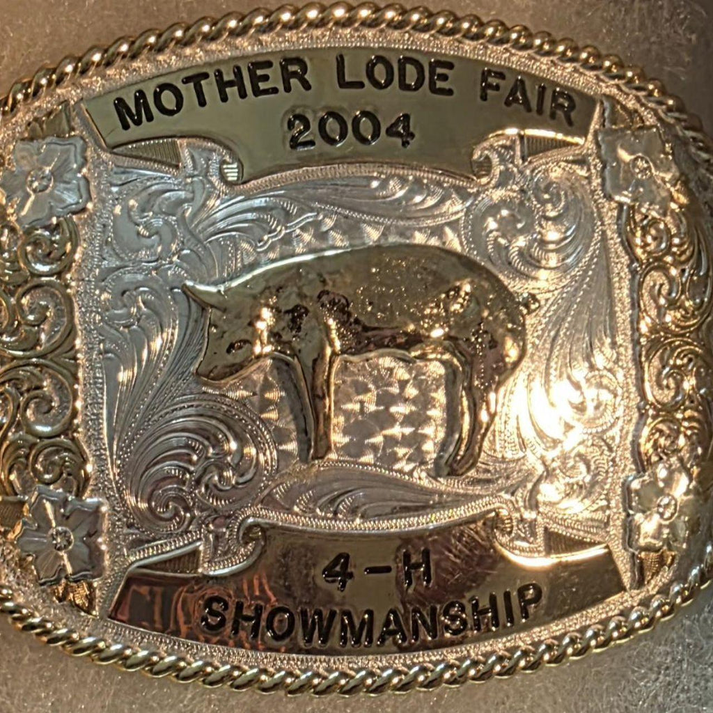 Vintage 2004 Metal Belt Buckle, Silver and Brass, Mother Lode Fair, 4-H Showmanship, Hog, Sow, Pig, Montana Silversmiths