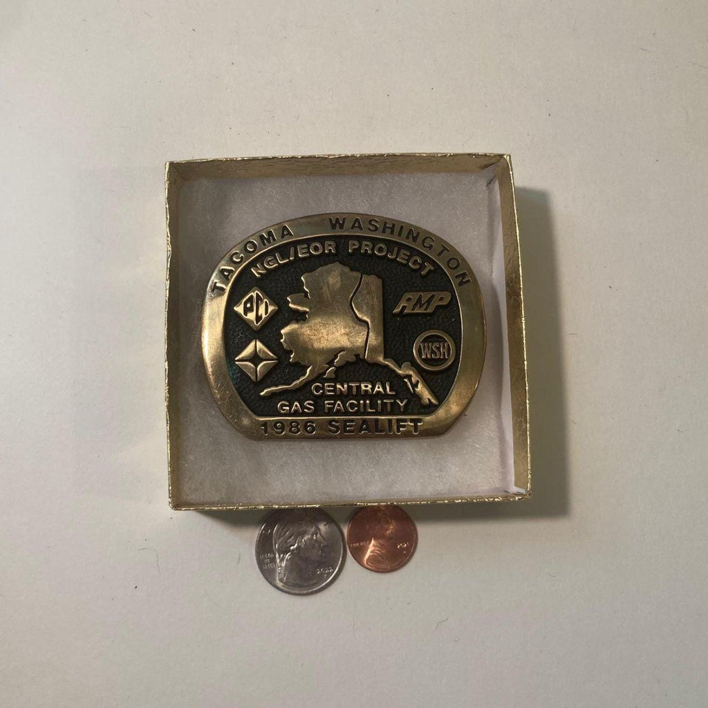 Vintage 1986 Metal Belt Buckle, Brass, 86 Sealift, Tacoma, Washington, Central Gas Facility, Oil, Energy, Gas, 3" x 2 1/2", Cowboy Style