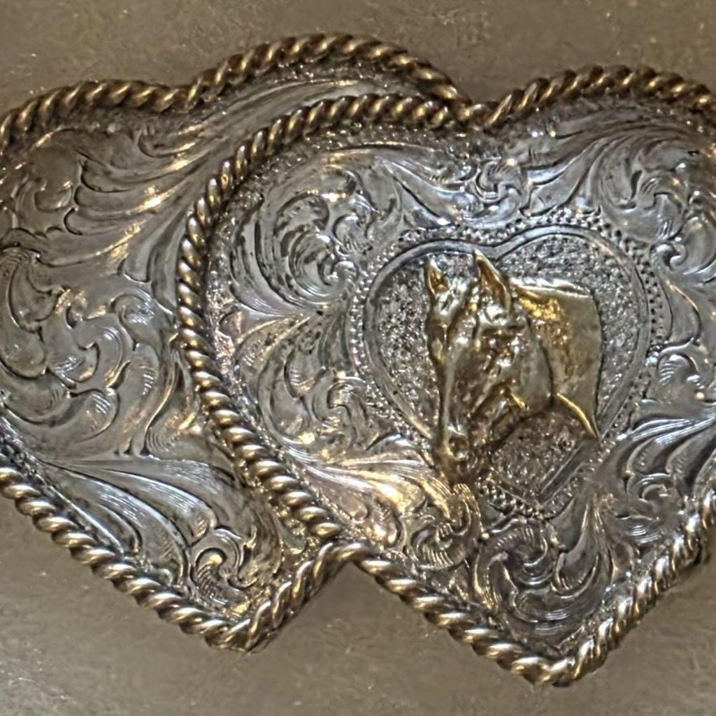 Vintage Metal Belt Buckle, Nice Silver and Brass, Double Hearts, Horse, Montana Silversmiths