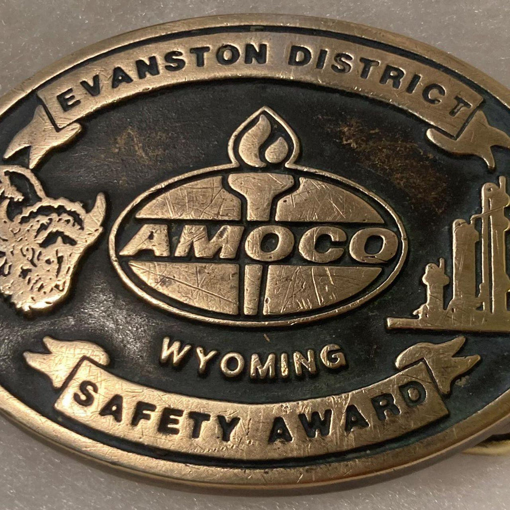 Vintage 1987 Metal Belt Buckle, Brass, Amoco, Wyoming, Evanston District, Petroleum, Gas, Energy, Oil, Nice Design, 3 1/4" x 2 1/2"