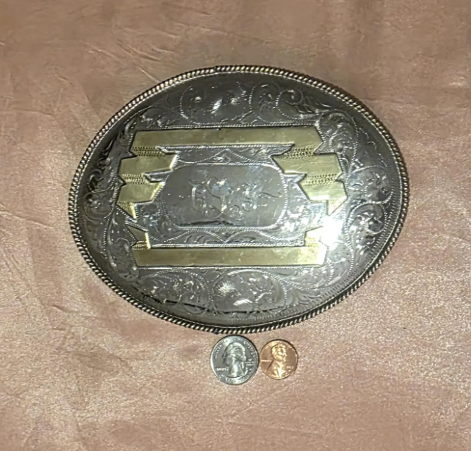 Vintage Metal Belt Buckle, Silver and Brass, Really Big Extra Large Size, Nice Western Design, 6 1/2" x 5", Cowboy Style, Heavy Duty