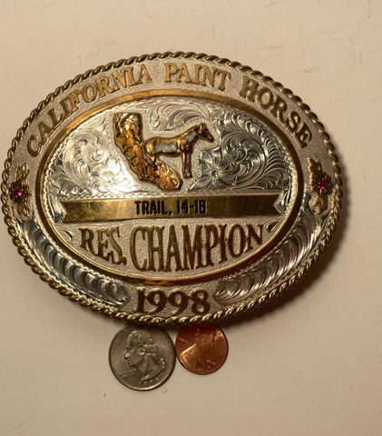 Vintage 1998 Metal Belt Buckle, California Paint Horse Champion, Trail, 14-18, Big Size, Trophy, Nice Red Stones, Nice Design, 5" x 3 3/4"