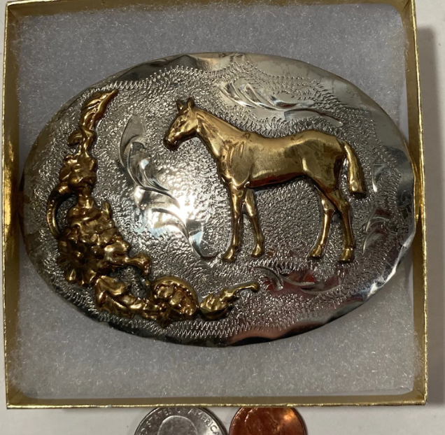 Vintage Metal Belt Buckle, Silver and Brass, Horse, Crown Silver, Handmade, Nice Western Style Design, 3 1/2" x 2 1/2", Heavy Duty, Quality