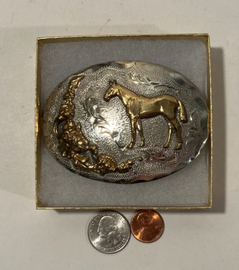 Vintage Metal Belt Buckle, Silver and Brass, Horse, Crown Silver, Handmade, Nice Western Style Design, 3 1/2" x 2 1/2", Heavy Duty, Quality