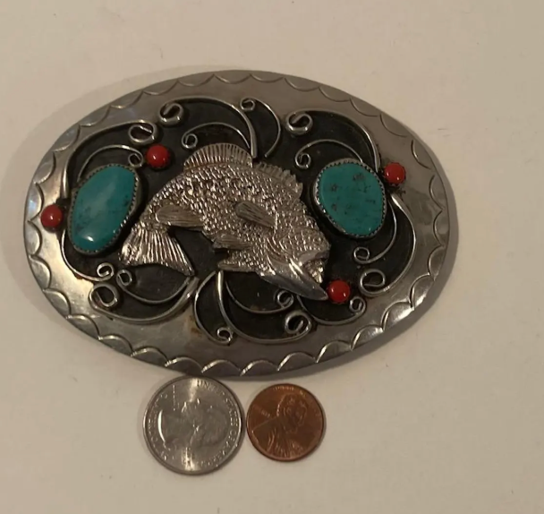 Vintage Metal Belt Buckle, Silver and Turquoise, Bass, Fishing, Hand Crafted, Nice Western Style Design, 4 1/4" x 3", Heavy Duty, Quality