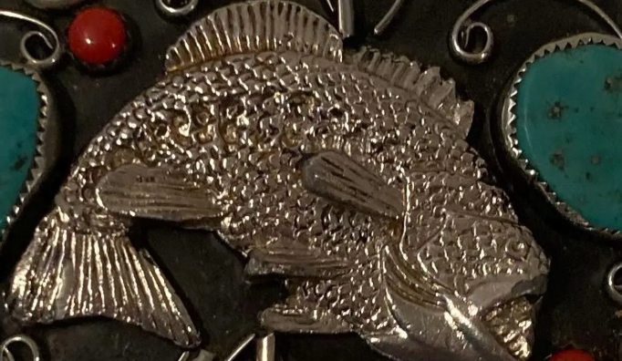 Vintage Metal Belt Buckle, Silver and Turquoise, Bass, Fishing, Hand Crafted, Nice Western Style Design, 4 1/4" x 3", Heavy Duty, Quality