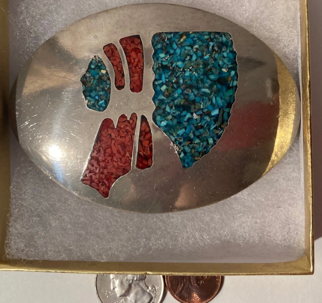 Vintage Metal Belt Buckle, Silver and Turquoise, Heavy Duty, 3 1/2" x 2 1/2", Weighs 6 Ounces, Quality, Cowboy Style, Thick Metal, Country