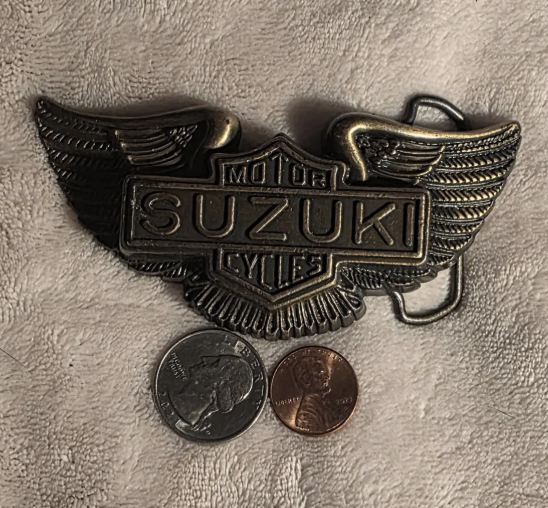 Vintage Metal Belt Buckle, Brass, Suzuki Motor Cycles, Motorcycle, Bike, Wings