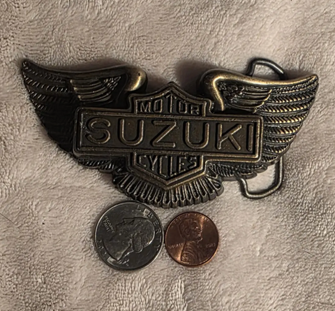 Vintage Metal Belt Buckle, Brass, Suzuki Motor Cycles, Motorcycle, Bike, Wings