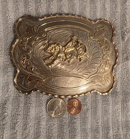 Vintage Metal Belt Buckle, Big Size, Bull Riding, Brass and Alpaca Silver, Texas, Cowboy, Rodeo, Nice Western Style Design, 5 1/4" x 4"