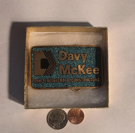 Vintage Metal Belt Buckle, Solid Brass, Blue Crushed Turquoise Stones, DMC Engineers & Constructors, Dav McKee