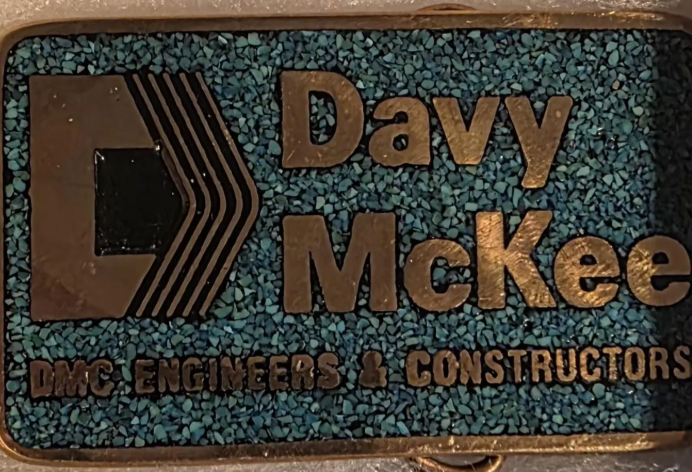 Vintage Metal Belt Buckle, Solid Brass, Blue Crushed Turquoise Stones, DMC Engineers & Constructors, Dav McKee