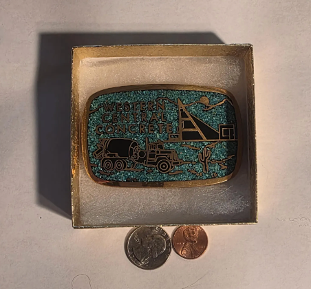 Vintage Metal Belt Buckle, Solid Brass, Blue Crushed Turquoise Stones, Western Central Concrete, Cement