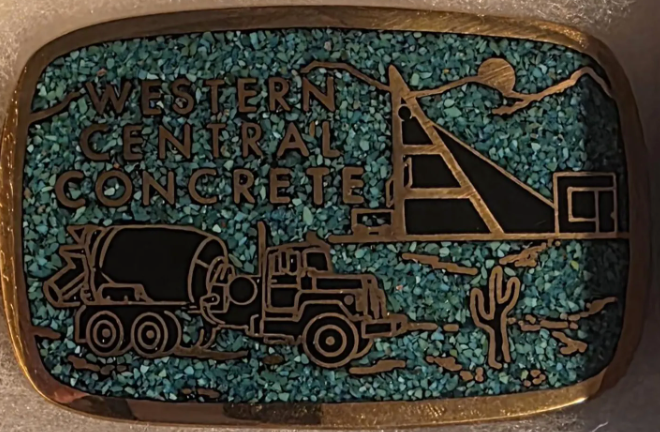 Vintage Metal Belt Buckle, Solid Brass, Blue Crushed Turquoise Stones, Western Central Concrete, Cement