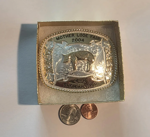 Vintage 2004 Metal Belt Buckle, Silver and Brass, Mother Lode Fair, 4-H Showmanship, Hog, Sow, Pig, Montana Silversmiths