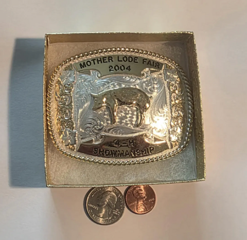 Vintage 2004 Metal Belt Buckle, Silver and Brass, Mother Lode Fair, 4-H Showmanship, Hog, Sow, Pig, Montana Silversmiths