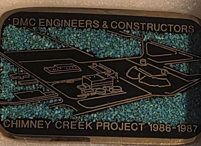 Vintage 1987 Metal Belt Buckle, Solid Brass, Blue Crushed Turquoise Stones, DMC Engineers & Constructors, Chimney Creek Project