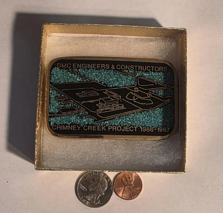Vintage 1987 Metal Belt Buckle, Solid Brass, Blue Crushed Turquoise Stones, DMC Engineers & Constructors, Chimney Creek Project