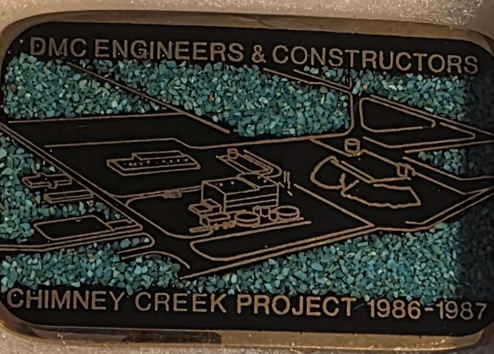 Vintage 1987 Metal Belt Buckle, Solid Brass, Blue Crushed Turquoise Stones, DMC Engineers & Constructors, Chimney Creek Project