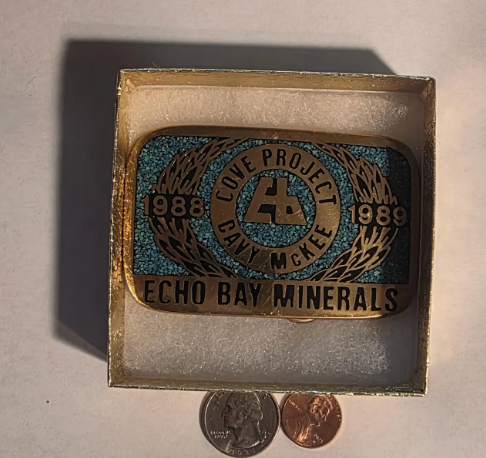 Vintage 1989 Metal Belt Buckle, Solid Brass, Blue Crushed Turquoise Stones, Cove Project, Davy McKee, Echo Bay Minerals
