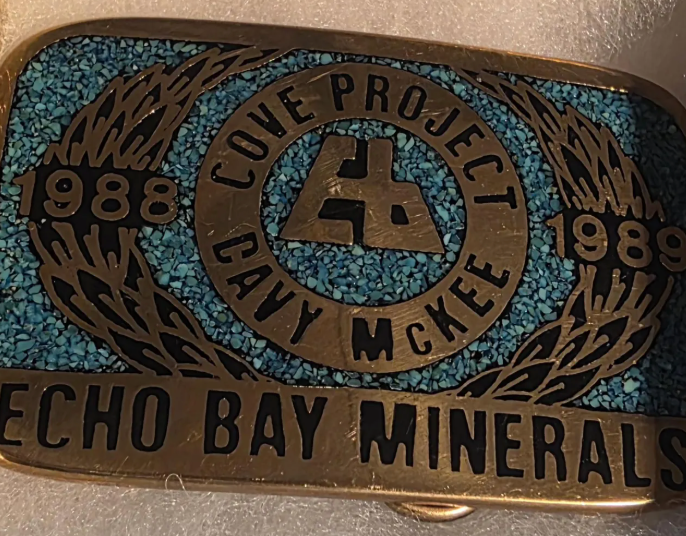 Vintage 1989 Metal Belt Buckle, Solid Brass, Blue Crushed Turquoise Stones, Cove Project, Davy McKee, Echo Bay Minerals