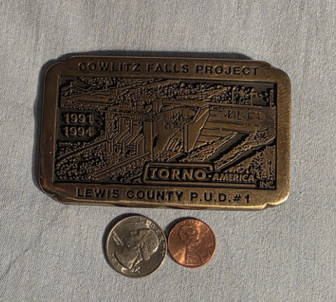Vintage 1992 Metal Belt Buckle, Brass, Cowlitz Falls Project, Torno, Lewis County, Nice Western Design