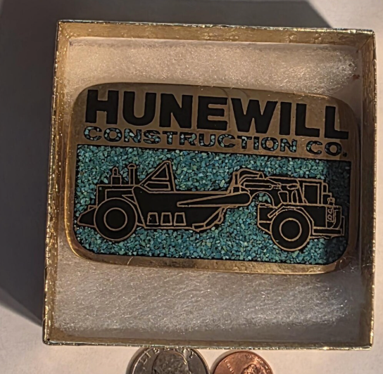 Vintage Metal Belt Buckle, Solid Brass, Blue Crushed Turquoise Stones, Hunewill Construction Co, Road Grader, AG