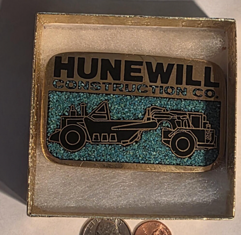 Vintage Metal Belt Buckle, Solid Brass, Blue Crushed Turquoise Stones, Hunewill Construction Co, Road Grader, AG