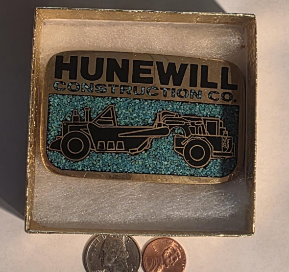 Vintage Metal Belt Buckle, Solid Brass, Blue Crushed Turquoise Stones, Hunewill Construction Co, Road Grader, AG