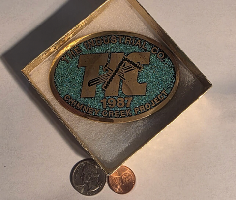 Vintage 1987 Metal Belt Buckle, Solid Brass, Blue Crushed Turquoise Stones, TIC, The Industrial Co., Chimney Creek Project