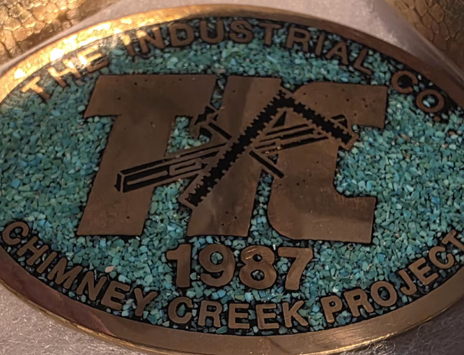 Vintage 1987 Metal Belt Buckle, Solid Brass, Blue Crushed Turquoise Stones, TIC, The Industrial Co., Chimney Creek Project