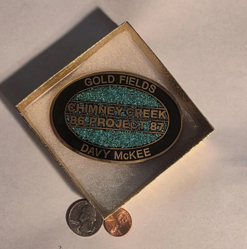 Vintage 1987 Metal Belt Buckle, Solid Brass, Blue Crushed Turquoise Stones, Gold Fields, Davy McKee, Chimney Creek Project