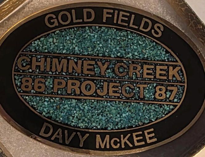 Vintage 1987 Metal Belt Buckle, Solid Brass, Blue Crushed Turquoise Stones, Gold Fields, Davy McKee, Chimney Creek Project