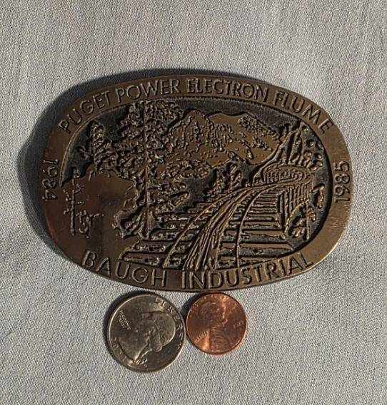 Vintage 1985 Metal Belt Buckle, Brass, Puget Power Electron Flume, Baugh Industrial