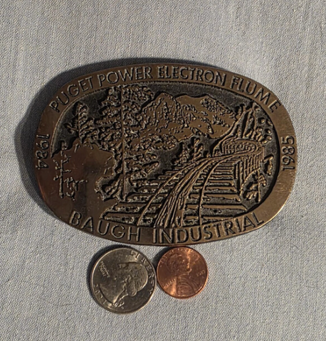 Vintage 1985 Metal Belt Buckle, Brass, Puget Power Electron Flume, Baugh Industrial