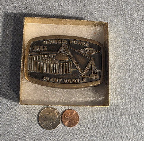 Vintage 1982 Metal Belt Buckle, Brass, Georgia Power Plant, Vogtle, Nice Western Design