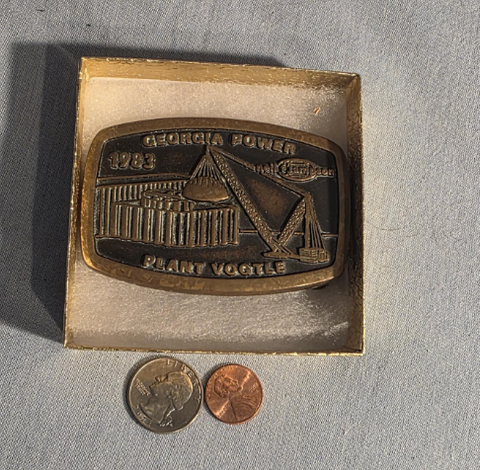 Vintage 1982 Metal Belt Buckle, Brass, Georgia Power Plant, Vogtle, Nice Western Design